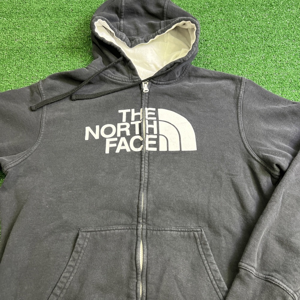 North Face Hooded Full Zip Sweater Black‎ With White Letters Mens Size Med
